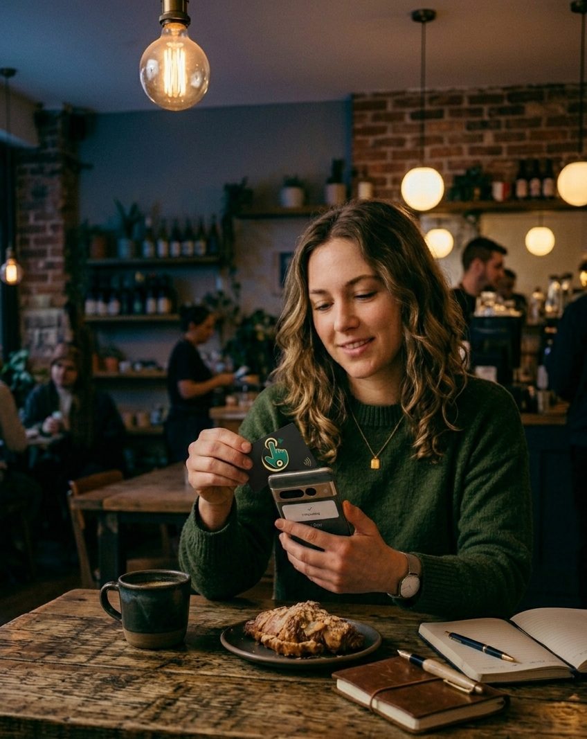 En kunde trykker et NFC-kort mot telefonen på en kafé